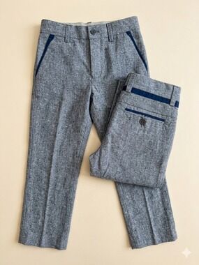 Boys' Gray Tweed Formal Trousers with Navy Trim Accents